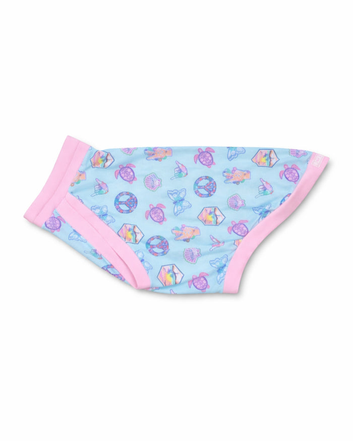 Pastel Ocean Icons cotton-spandex dog pajamas with baby pink trim, flat side view