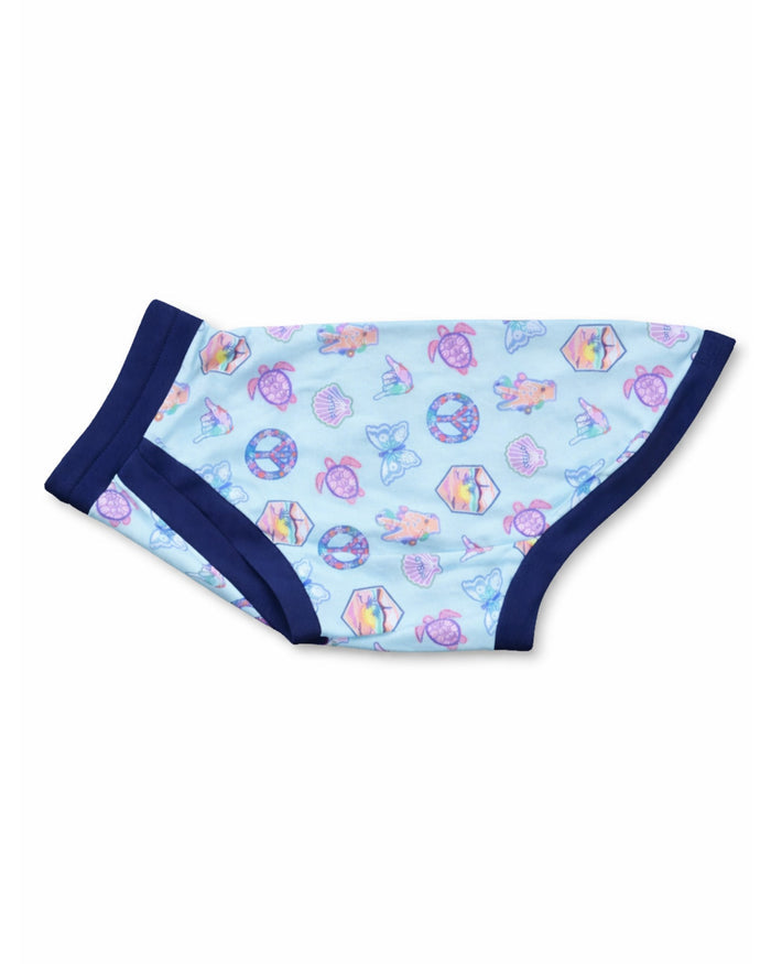 Pastel Ocean Icons cotton-spandex dog pajamas with navy trim, flat side view
