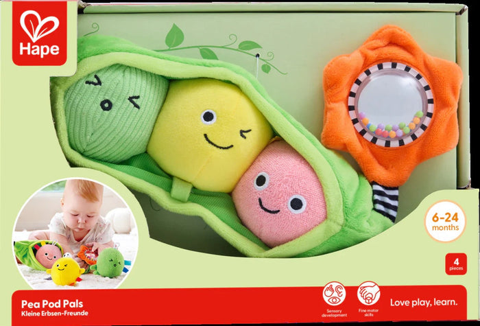 Packaging for Pea Pod Pals toy featuring three plush peas in a green pod with a colorful flower-shaped rattle on the side, labeled for ages 6-24 months.