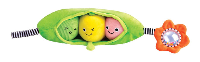 Plush toys in a green pod with a floral element