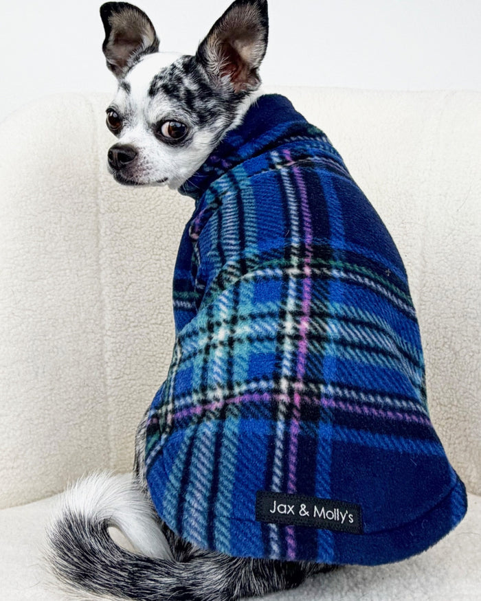 Peacock royal blue fleece dog sweater on small dog, side view