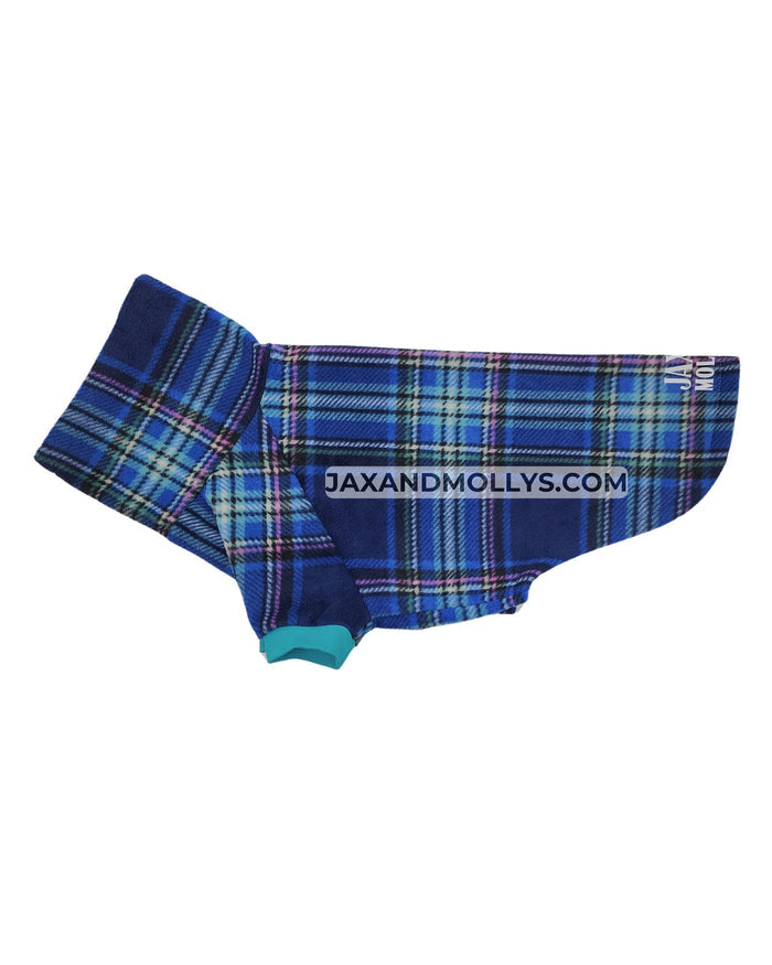 Peacock royal blue fleece dog sweater, flat side view
