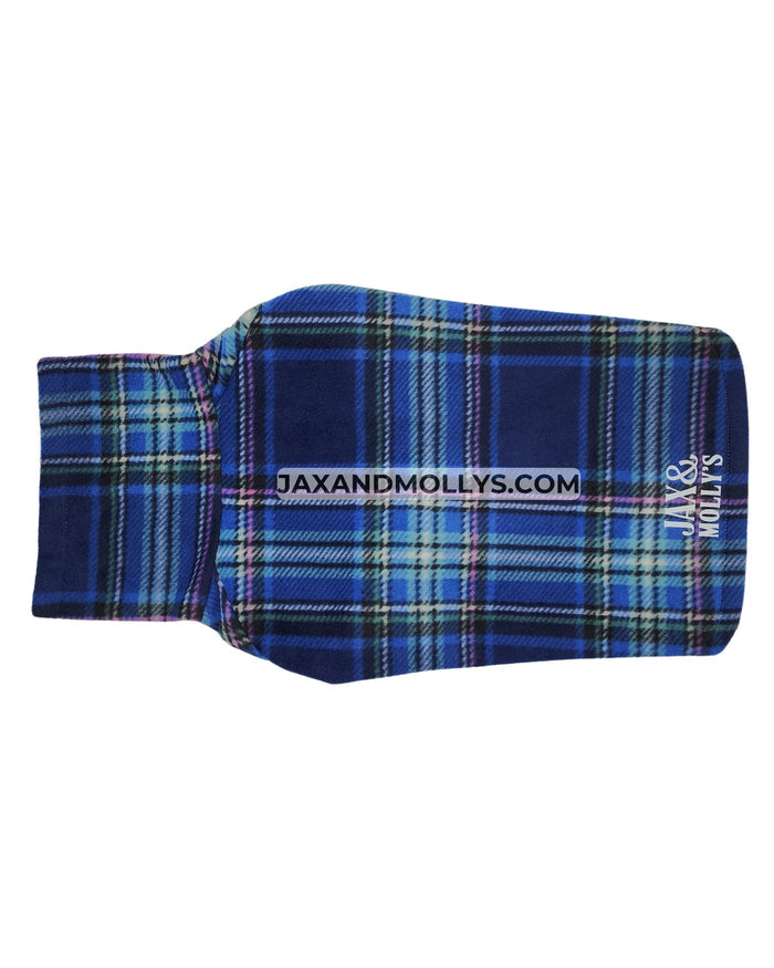 Peacock royal blue fleece dog sweater, flat top view