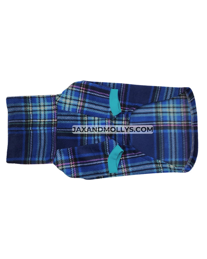 Peacock royal blue fleece dog sweater, flat underbelly view
