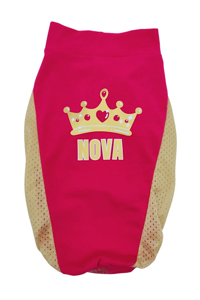 Custom Queen Dog Shirt side view – personalized jersey-style pink dog outfit with gold mesh panels
