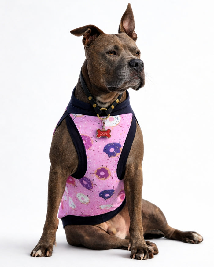 Pink Frosted Donut cotton-spandex dog pajamas on sitting Pitbull