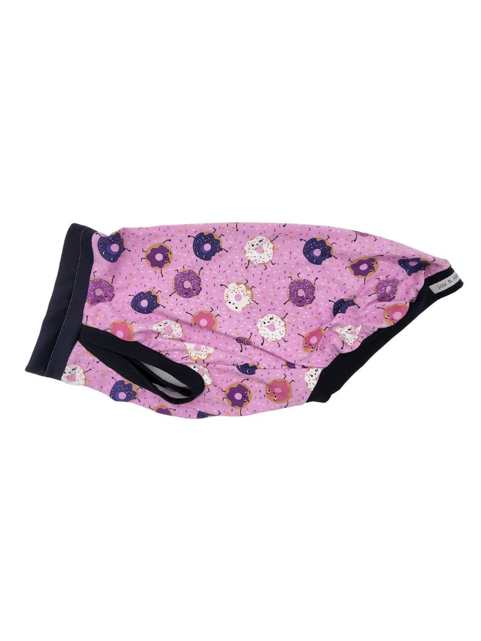 Pink Frosted Donut cotton-spandex dog pajamas with pink donut pattern and navy cotton spandex trim