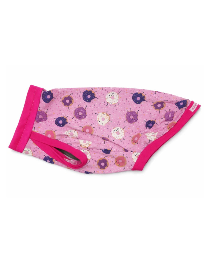 Pink Frosted Donut cotton-spandex dog pajamas with pink donut pattern and fuchsia cotton spandex trim