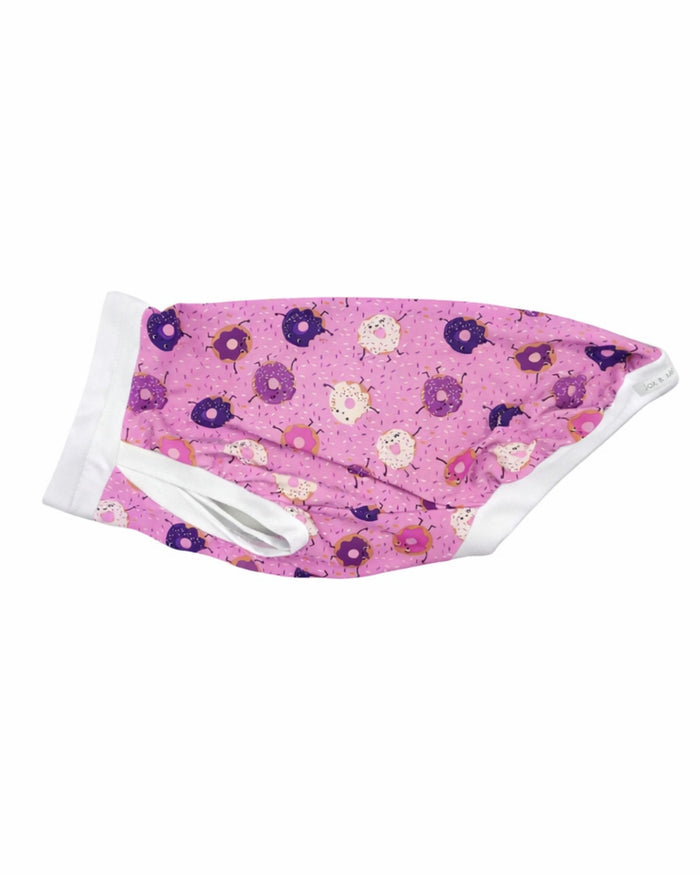 Pink Frosted Donut cotton-spandex dog pajamas with pink donut pattern and white cotton spandex trim