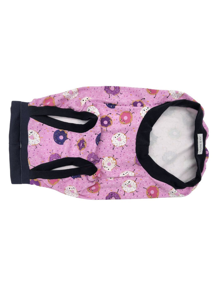 Pink Frosted Donut cotton-spandex dog pajamas with donut pattern and Navy cotton spandex trim, underbelly view