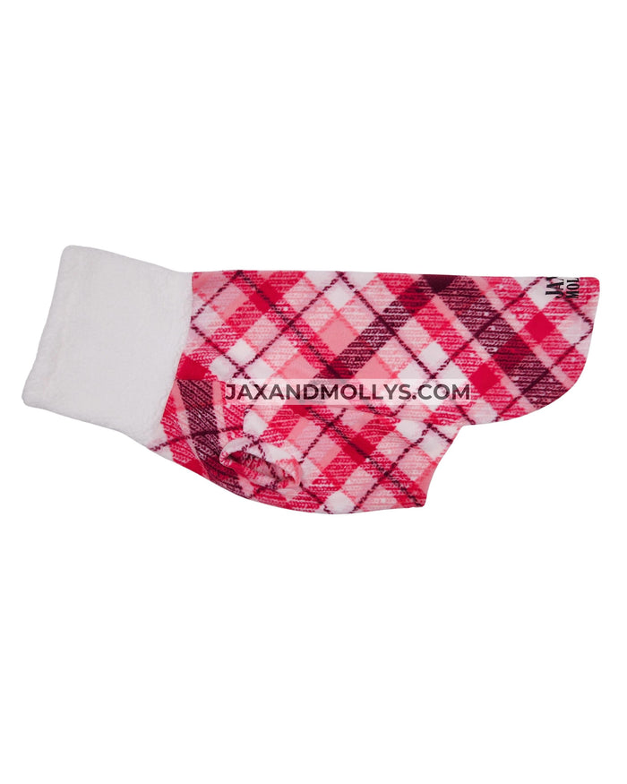 Pink plaid fleece dog sweater with sherpa turtleneck, flat side lay