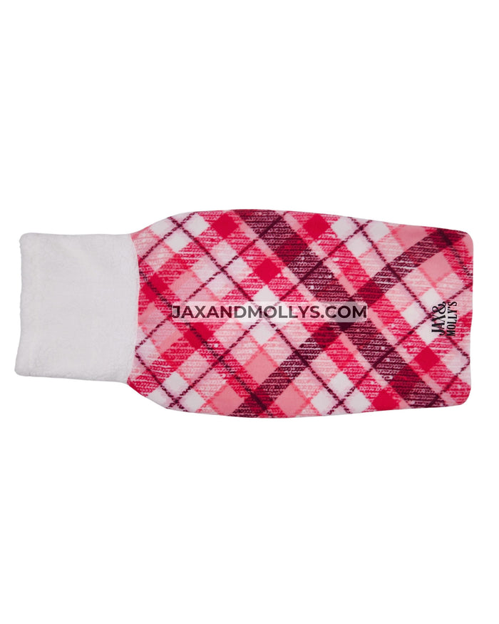 Pink plaid fleece dog sweater with sherpa turtleneck, top view