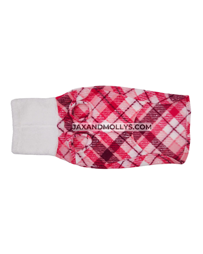 Pink plaid fleece dog sweater with sherpa turtleneck, underside view