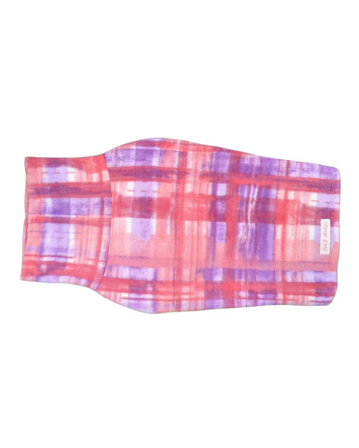 Back view of Jax & Molly's 'Pink & Purple Watercolor Plaid' Dog sweater