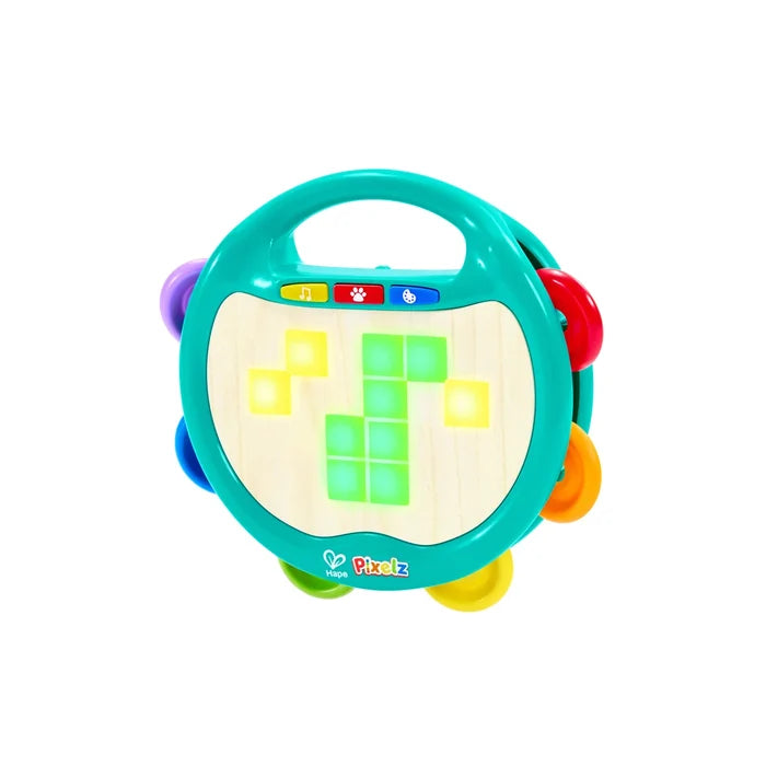 A colorful Pixelz electronic toy tambourine with a turquoise handle and body, featuring a light wood-grain face with glowing green and yellow geometric shapes, and multicolored side buttons.