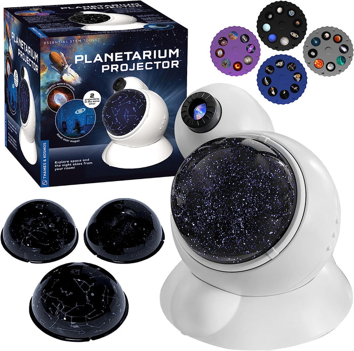 Planetarium projector with packaging and celestial wheel accessories on a white background