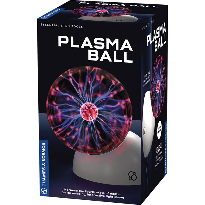 Box of a Plasma Ball with colorful electric display on a white background