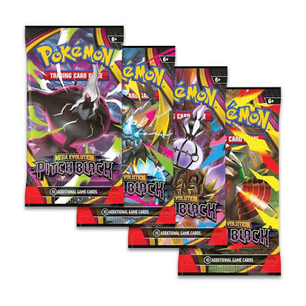 Four Pokémon Trading Card Game booster packs for the Pitch Black and Veilletten Black expansions, arranged in a cascading fan layout on a white background.