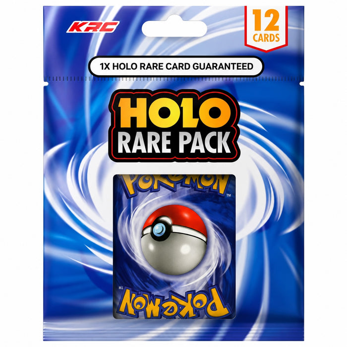 Pokémon Holo Rare Pack trading card game packaging with Poké Ball graphic and KRC branding.