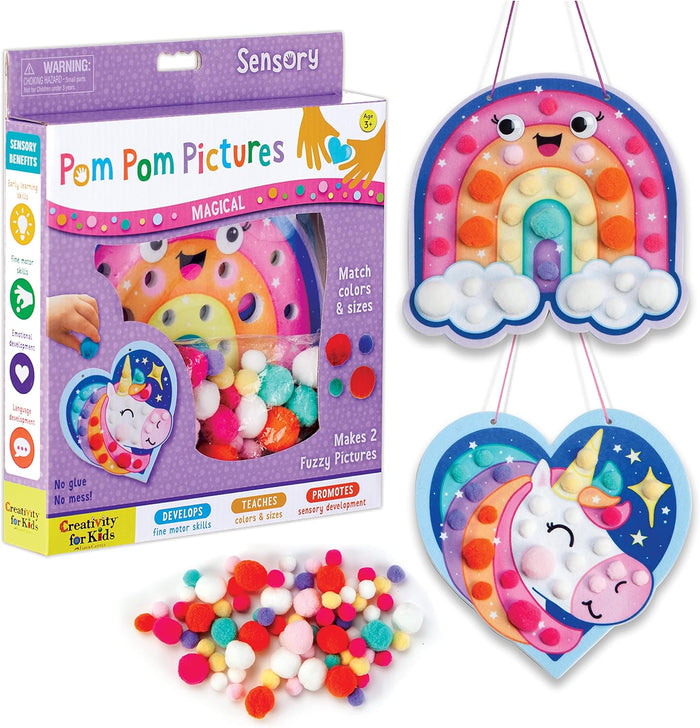 Pom Pom Pictures craft kit with packaging, pom poms, and colorful rainbow and unicorn designs.
