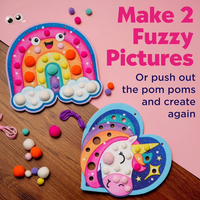 Children's craft kit with rainbow and unicorn designs on a pink background