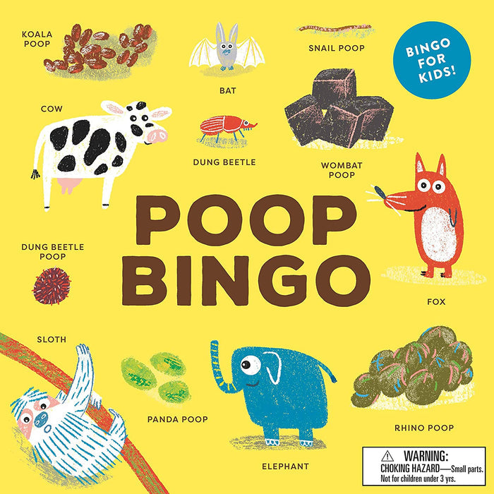 Illustrated cover of the board game 'Poop Bingo', featuring various animals and their poop, with colorful and playful graphics.
