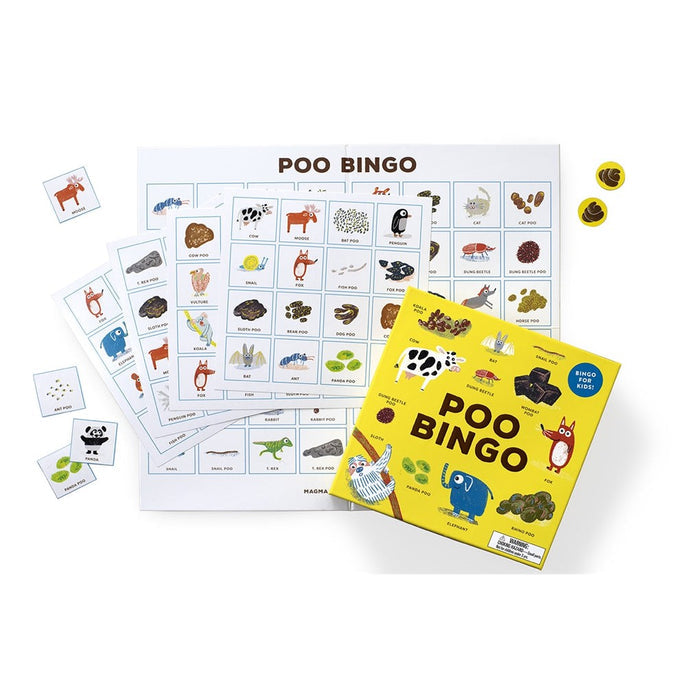 Discover all you ever wanted to know about poop – and more – with Poop Bingo! Featuring 24 animals and their uniquely shaped poops, this is the bingo game to end all bingo games. Kids will delight in discovering that wombats poop in cubes and that penguins poop in squirts that come in different colors depending on what they've eaten! Be the first to fill your game card with animals and poops to win BINGO!