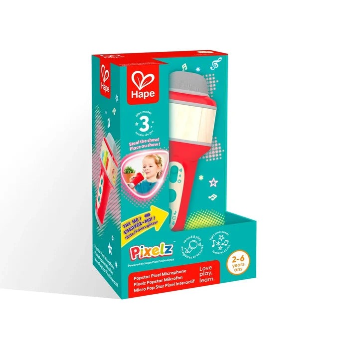 Hape Pixelz Popper Fun Microphone toy in its original retail packaging, featuring a red and teal box with product details and an illustration of the toy microphone.