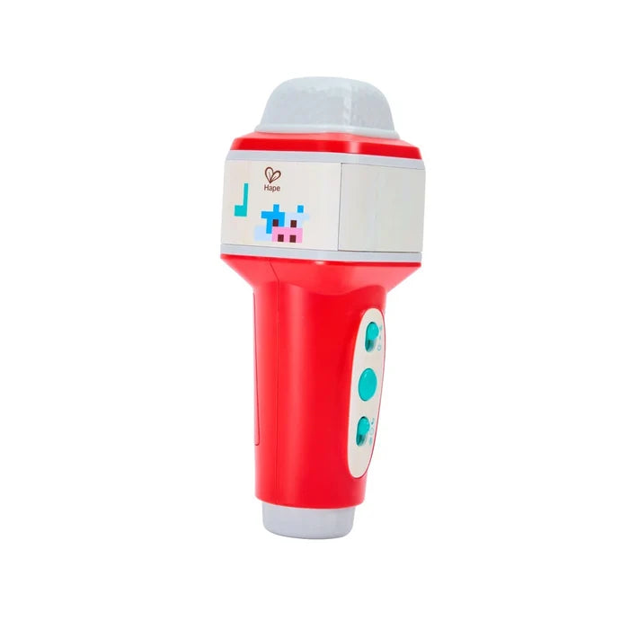 A handheld electronic toy microphone in red and white with turquoise buttons and a pixelated screen, shown on a plain white background.