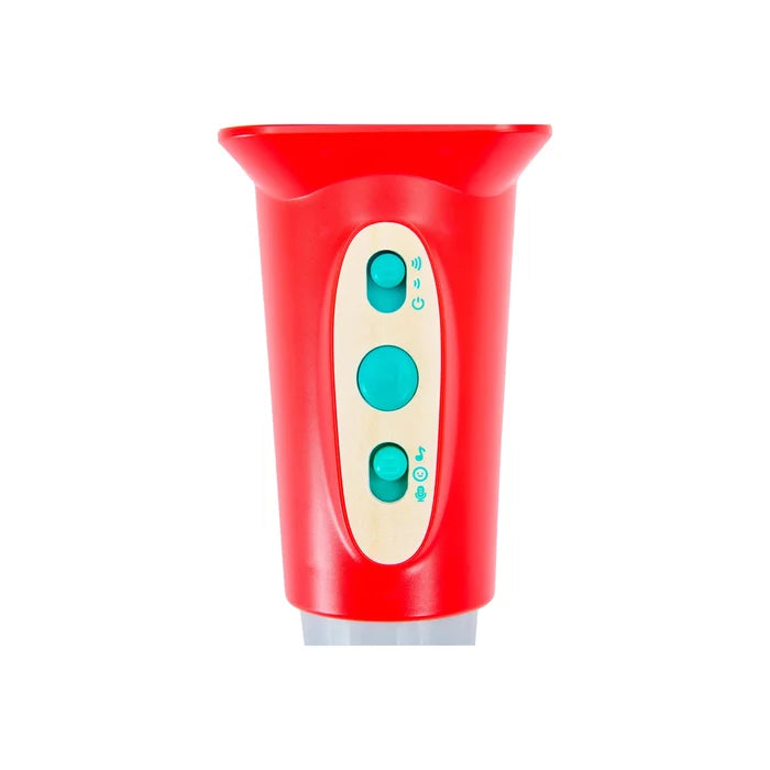 A red plastic cup or tumbler with a light wood control panel featuring three turquoise buttons, shown against a plain white background.
