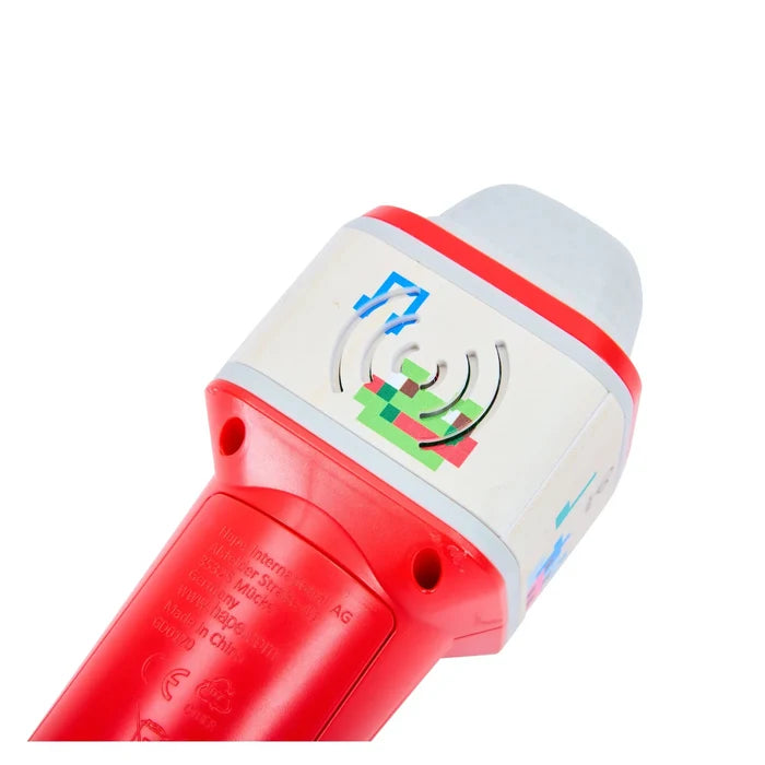 Close-up of a handheld electronic device with a bright red body, a white top section, and colorful printed graphics on the side, shown on a plain white background.