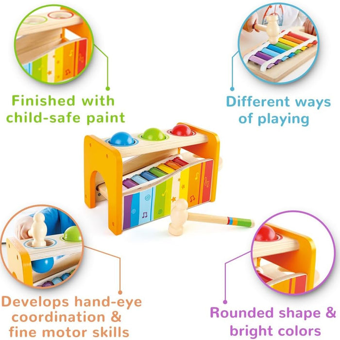 Colorful wooden toy with various features highlighted on a white background