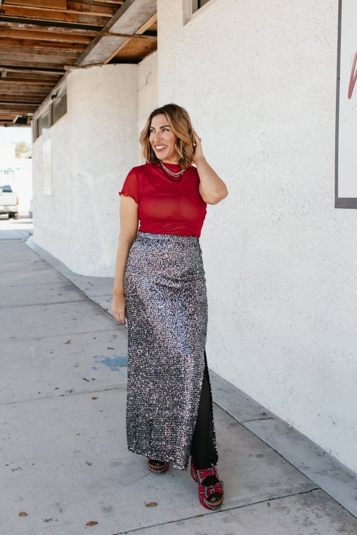 Power Play Skirt In Silver Sequin - Reg & Curvy - Macoma Boutique200 Skirts