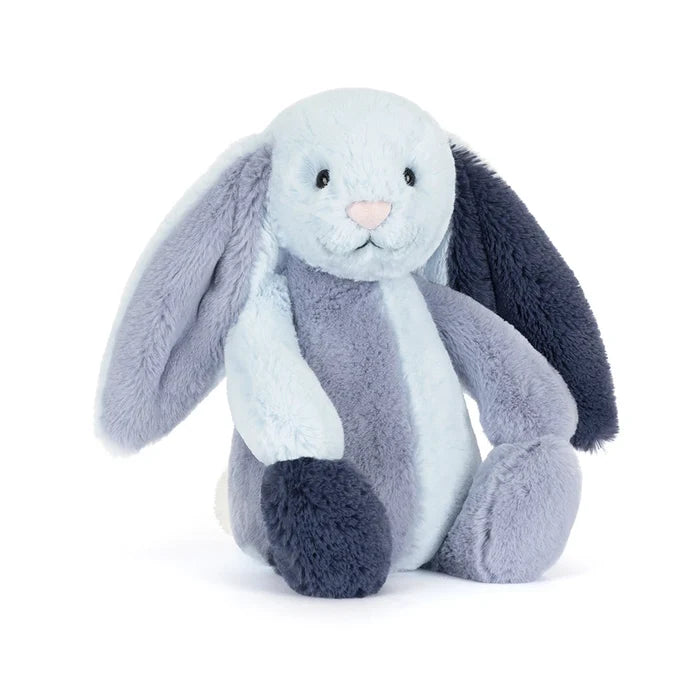 Plush toy rabbit with gray and blue fur on a white background