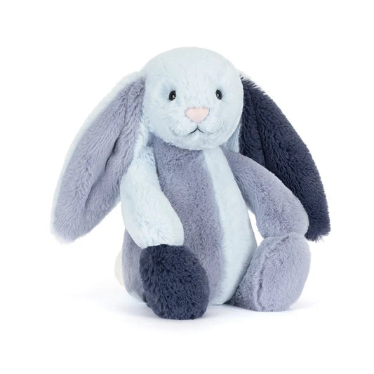 Plush toy rabbit with gray and blue fur on a white background