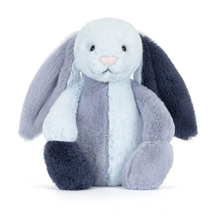 Plush toy rabbit with gray and blue color scheme on a white background
