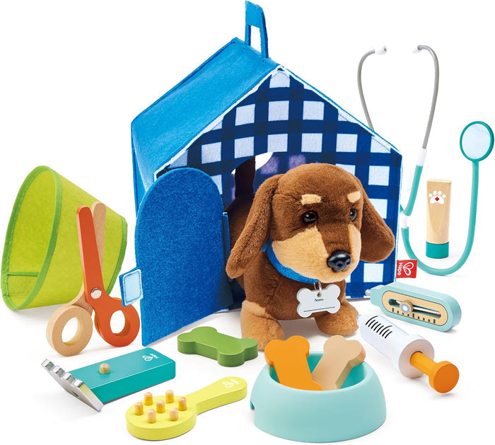 Toy dog with veterinary tools and accessories on a white background