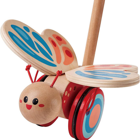 Wooden toy butterfly push toy with colorful wings on a white background