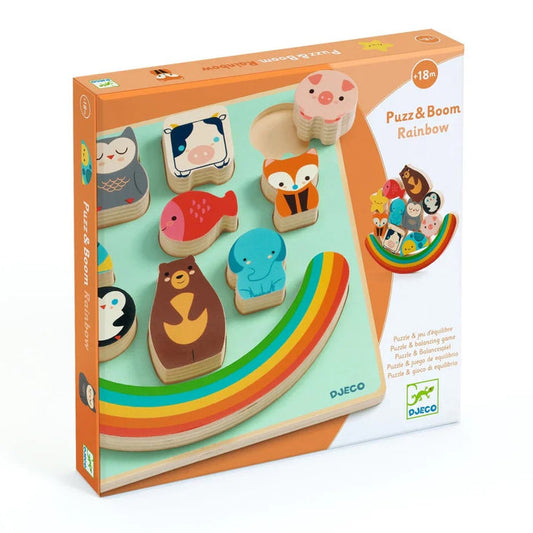 Wooden puzzle with animal shapes and a rainbow on a DJECO packaging.