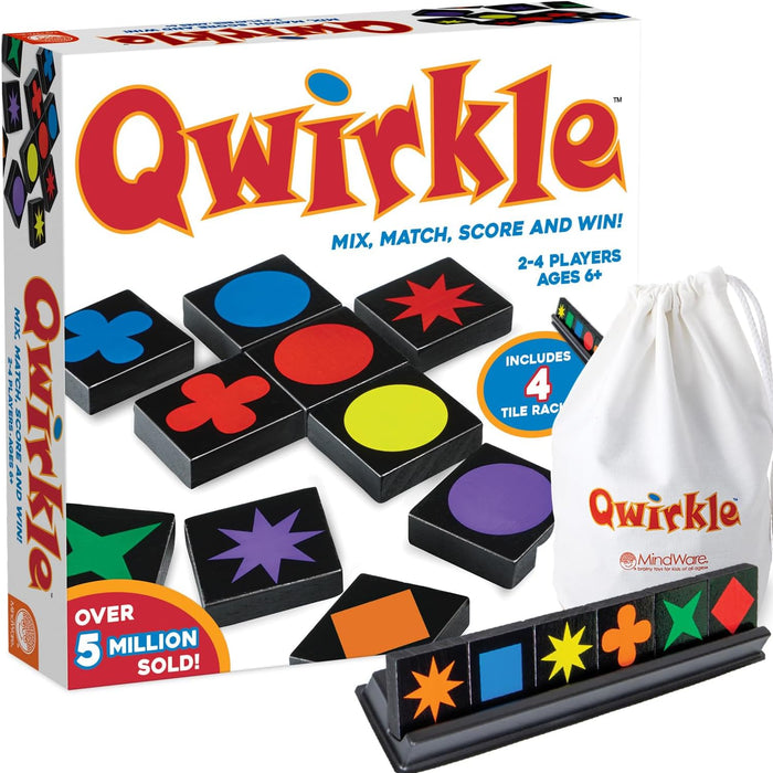 Qwirkle board game packaging with colorful tiles and drawstring bag on a white background