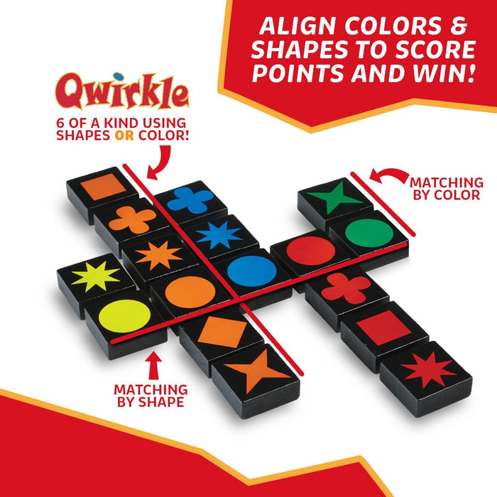 Qwirkle game pieces with colorful shapes and text on a red and white background