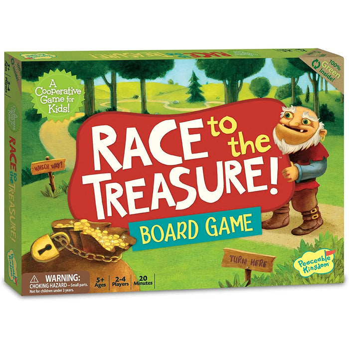 Board game box for 'Race to the Treasure!' with a cartoon gnome and treasure chest illustration.