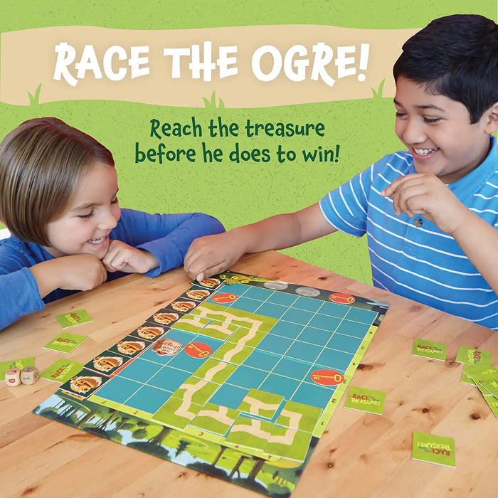 Kids playing Race to the Treasure on a wood table and green background.