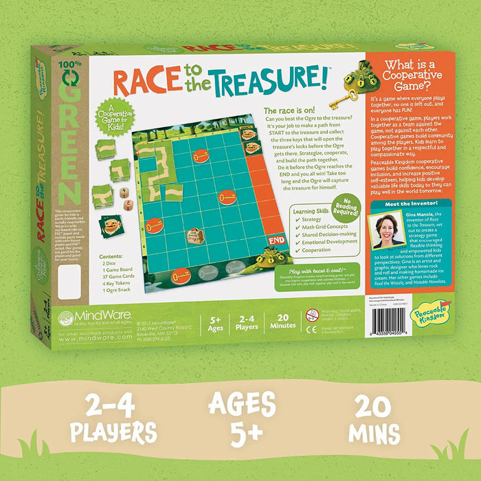 Back of the box for Race to the Treasure on a green background.