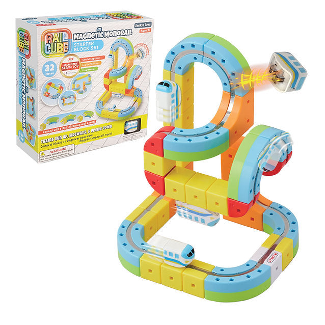 Colorful Rail Cube magnetic monorail Starter set with packaging on a white background