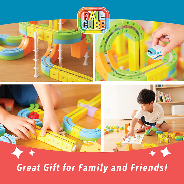 Collage of colorful Rail  Cubes tracks with 'Rail Cube' branding, children playing with the tracks, and text 'Great Gift for Family and Friends!'
