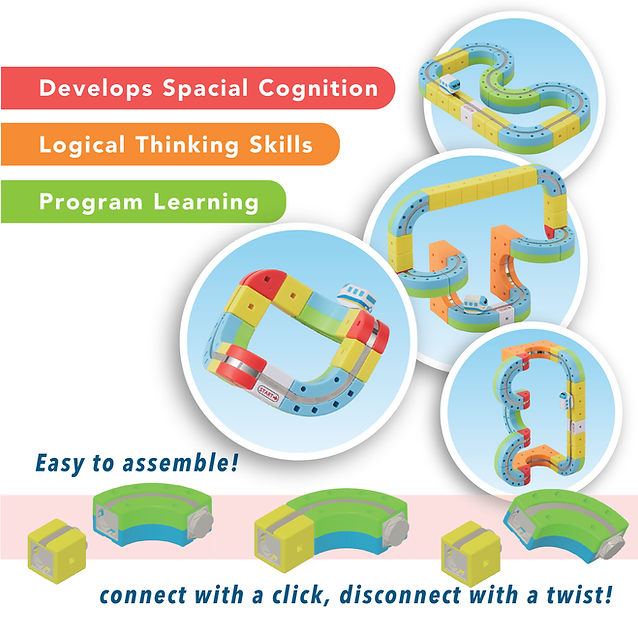 Rail Cubes with colorful connectors, developing cognitive skills and easy assembly features.