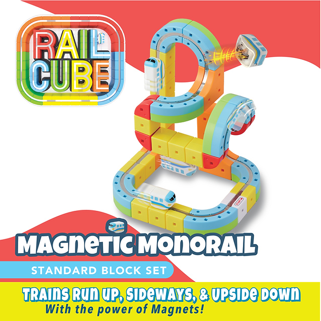 Colorful magnetic monorail toy set with 'Rail Cube' branding on a red and white background.