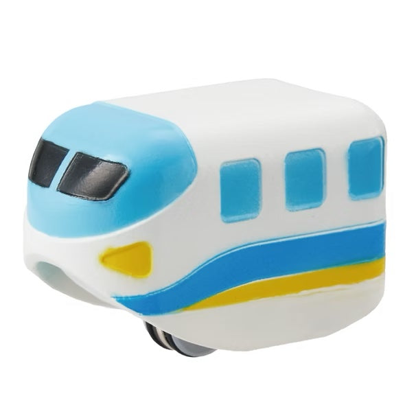 Blue, white and yellow Monorail  train model on a white background.