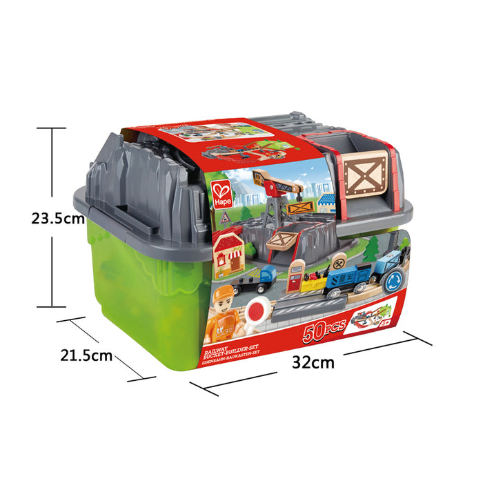 Dimensions for the Railway Bucket Builder Set on a white background